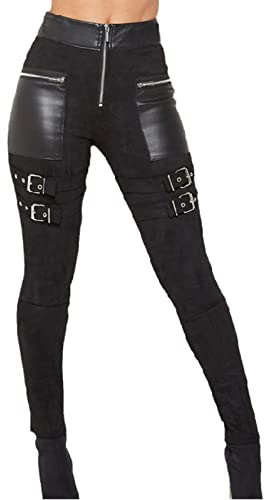 Pantalones Góticos De Mujer Moda Costura Negra Cuero Cremallera Delantera Pantalones De Cintura Alta Negro L