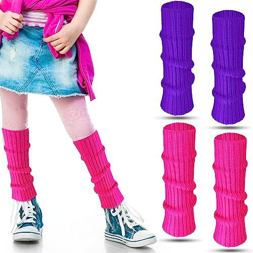 Loopeer 2 Pairs 80s Neon Leg Warmers for Girls Toddler Knit Ribbed Leg Socks for 1980s Party Cosplay Costume Accessory(14.17 x 2.76 In,Rose Red, Purple)