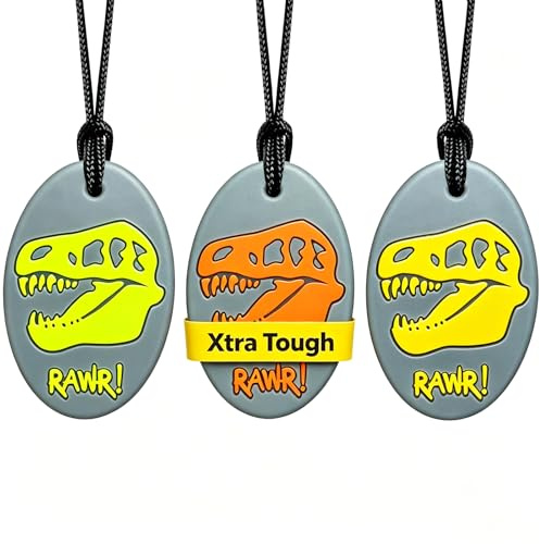 Xtra Tough (XT) Collier à mâcher sensoriel en forme de dinosaure pour enfants, garçons ou filles – Collier à mâcher – Collier de dentition – Jouets de dentition conçus pour les mâcheurs agressifs