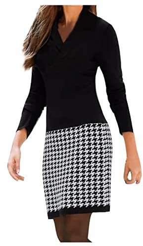 Wyongtao Womens Jumper Dress Black Check Tartan Patchwork Winter Long Sleeve Knitted Dress V Neck Sweater Dresses Women Elegant Work Office Dress Knee-Length Tunic Dress Top Pullover Sweater