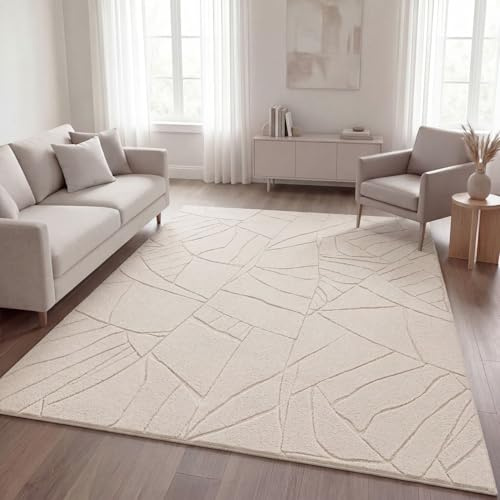 TT Home Alfombra Habitación Salon Pelo Largo Estilo Nordico Abstract Monocromo Lavable, Color:Beige, Tamaño:240x340 cm