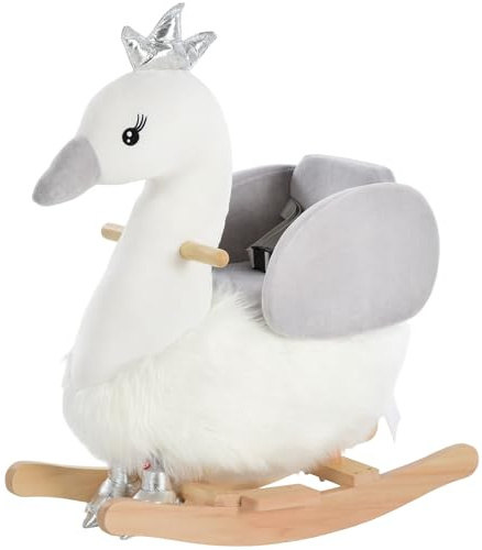 Qaba Rocking Horse, Kids Ride on Horse Swan Rocker with Sound, Plush Seat, Wooden Base, Safety Belt for Toddlers 18-36 Months, White