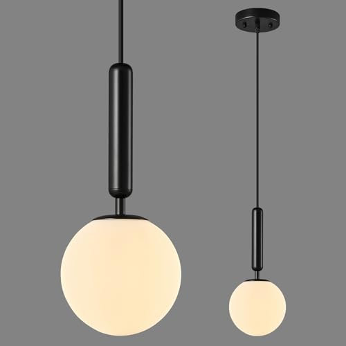 ZPBSJ Moderne schwarze Pendelleuchte für die Kücheninsel Mid Century Pendelleuchten mit Kugel milchig weißes Glas Pendelleuchte für Esszimmer Bad Eingang Schlafzimmer(1er-Pack)
