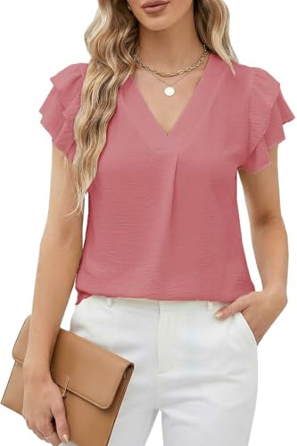 Teesho Damblus kortärmad elegant skjortblus sommartoppar volanger ståkrage arbete tunika skjorta toppar volang ärmar skjortor