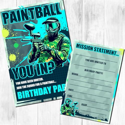 Invitaciones de cumpleaños y sobres de Paintball (texto encendido) (paquete de 12 con sobres)