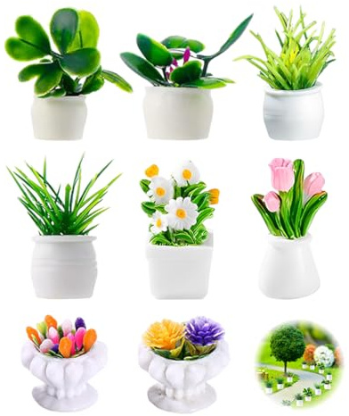 JUGUTA 8 Miniature Potted Plants For Dollhouse, Artificial Plants Model For Dollhouse Decoration, Mini Bonsai For Fairy Garden, Miniature Plants For Dollhouse, Green Ornament For Garden And Dollhouse