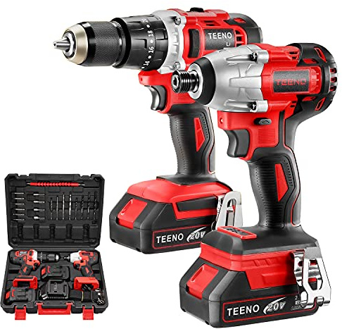 TEENO - Caja de herramientas con taladro atornillador de percusión y atornillador de impacto de 20 V, conjunto de herramientas con taladro, para reparación, mantenimiento y trabajo, con 2 x 3,0 mAh