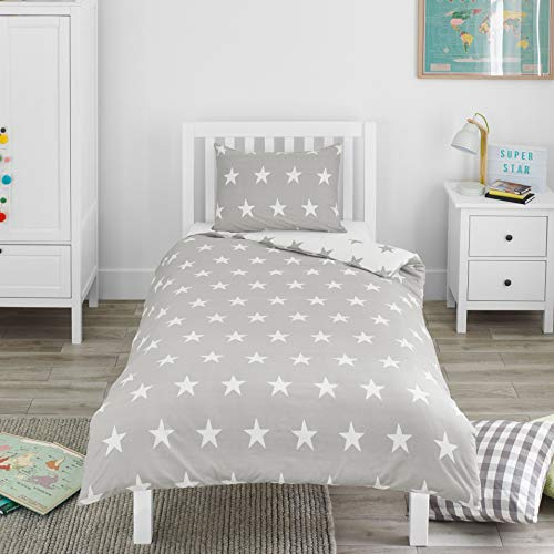 Bloomsbury Mill - Set biancheria da letto per bambini - Grigio & Bianco Stelle – Set Copripiumino Lettino e federa per Ragazzi e Ragazee - Lenzuola Culle per junior e bambino 120 x 150 cm