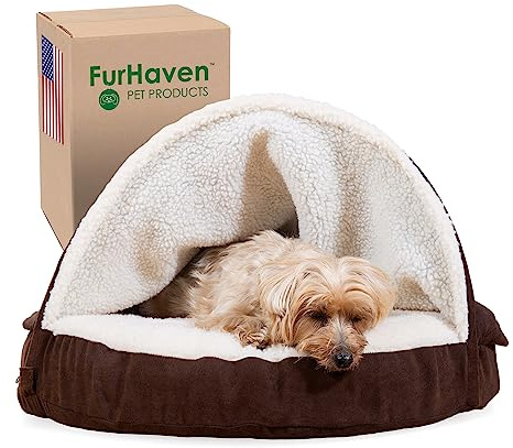 Furhaven 26 Round Memory Foam Dog Bed for Medium/Small Dogs w/ Removable Washable Cover, For Dogs Up to 30 lbs - Sherpa & Suede Snuggery - Espresso, 26-inch