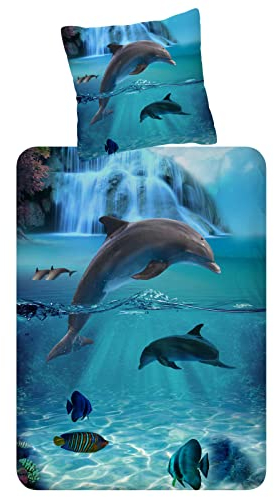 ESPiCO Bettwäsche Trendy Bedding Will Blue Blau Delfine Fische Meer Ozean Wasserfall Renforcé, Größe:135 cm x 200 cm