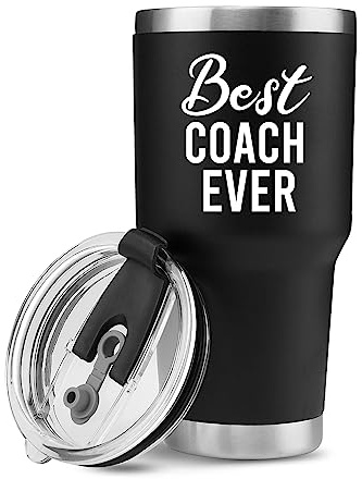 Panvola Best Coach Ever Sports Football Baseball Basketball Soccer Gym Trainor Trainer Mentor Appreciation from Team Members Vacuum Insulated Stainless Steel Travel Mug with Straw (Black, 30 oz)