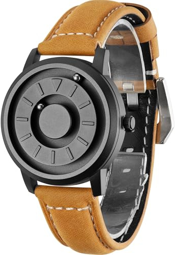 EUTOUR Uhren Herren Herrenuhr Magnet Uhr kein Glas Kugellager Quarz Armbanduhr für Männer mit Leder Armband Hellbraun-40mm
