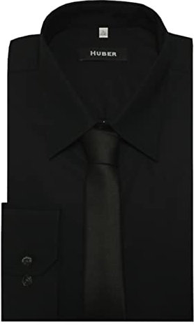 HUBER Hemd Kentkragen und verdeckte Knopfleiste schwarz inkl. Krawatte schwarz 3XL