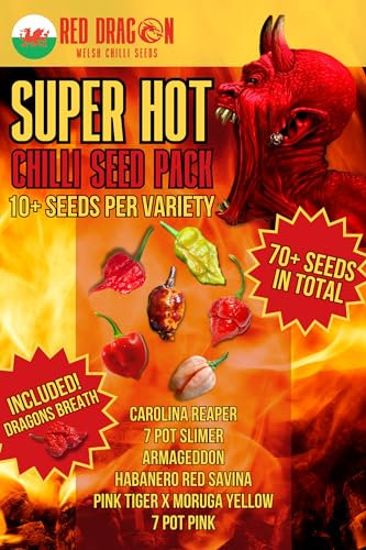 Chilli Seeds - Super Hot Chilli Seed Variety Pack - 7 Super Hot Pepper Variety Seeds Including The Carolina Reaper and Dragons Breath - 70 Super Hot.