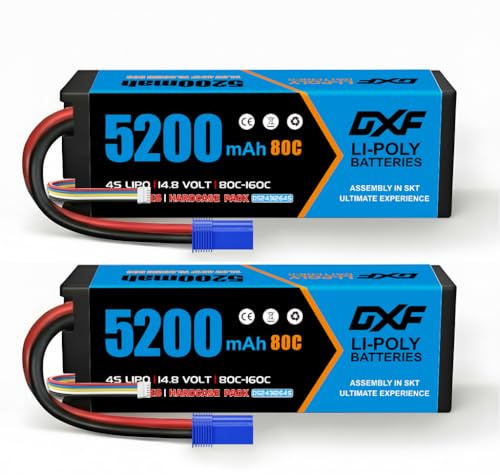 DXF 4S LiPo Battery 14.8V 5200mAh 80C Hardcase with EC5 Connector, Rechargeable RC Battery Pack for Buggy Truggy Crawler Monster Truck Car Boat, High Discharge for 1/8 1/10 Scale Vehicles, 2 Pack