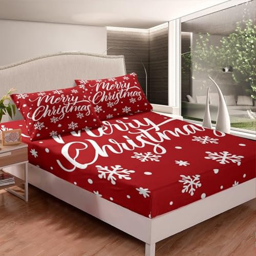 Spanbettlaken 140x200 Rote Schneeflocke Spannbetttuch Weihnachten Bettlaken Boxspringbett mit Gummizug Spannbettuch Mikrofaser für Matratzen von 30 cm Mit 2 Kissenbezüge 80x80 cm