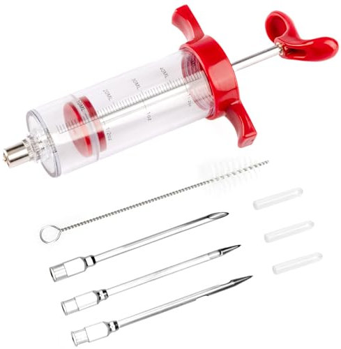 Kit siringa iniettore di carne di tacchino con 3 aghi per marinata per barbecue e affumicatore, 1 spazzola per la pulizia, 50 ml, grande capacità, iniettore marinate per carni, rosso