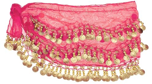 PATIKIL Belly Dance Hip Scarf 57 x 11,Women's Belly Dance Costume Skirt Wrap with 128 Gold Coins for Dance or Yoga Class, Rose Red