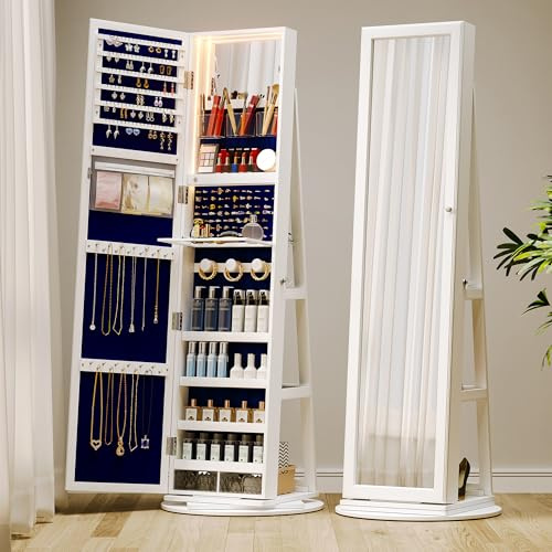 Gurexl LED Armoire à Bijoux avec Miroir, Blanc Armoire Bijoux avec LED Miroir, Armoire de Maquillage Verrouillable Rotative à 360 Degrés avec Plusieurs Compartiments 160 × 54 × 54 cm