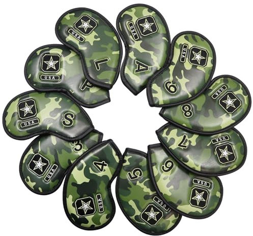 Golf Headcover Schlägerhaube Eisen Eisenkopfhüllen Kunstleder Iron Head Covers Value Set of 12 Rot Blau Schwarz Für Herren Damen (Camouflage)