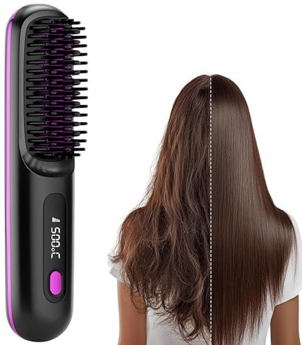 Cordless Hair Straighteners Brush, Portable Wireless Hair Straightening Brush, USB Rechargeable Heated Hot Comb with 3 Temperature Settings, Mini Styling Comb for Travel