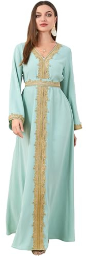 FYMNSI Womens Muslim Dress with Belted Abaya Floral Lace V Neck Long Sleeve Modest Abayas Prayer Clothes Ladies Middle East Kaftan Dubai Loose Maxi Robe Arabian Outfit Islamic Ramadan Dresses Green L