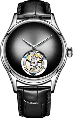 Men Tourbillon Skeleton Leopard Eye Pattern Dial Mechanical Manual Winding Watch Sapphire Crystal Vintage Double-sided Hollow Waterproof Clock Man Luminous Leather Wristwatch (Silver Grey Black)