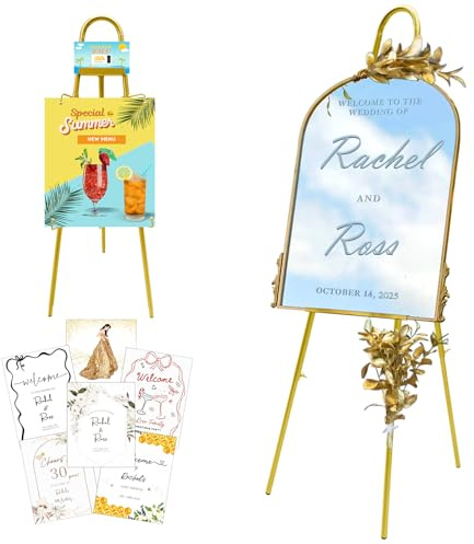 57– 42 Height Adjustable Gold Easel Stand for Signs, Lockable at Any Height – 4 Hooks, 3 Display Modes, Easel with Design Templates – Ideal for Wedding Welcome Sign, Parties, Art & Retail Display