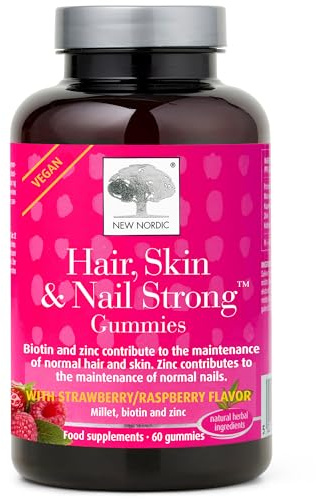 New Nordic Hair, Skin and Nail Strong Gummies, with Biotin, Zinc and Millet, Strawberry Raspberry Flavour, 60 Count
