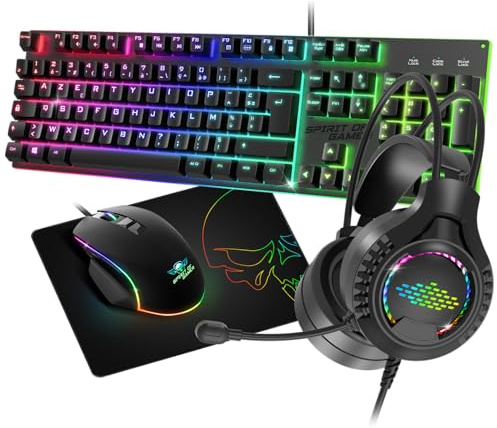 Spirit of Gamer - Ultimate 100, Pack Clavier Souris Gamer 4en1 Filaire RGB, Casque Gaming & Tapis en Tissu, Clavier Semi-Mécanique AZERTY FR, 6 Touches Anti-Ghosting, Souris Gamer 7 Boutons 8000 DPI