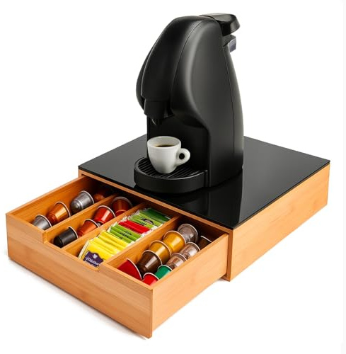 PARAMAISON Portacialde in Bambù | Cassetto Porta Capsule per Nespresso, Dolce Gusto o Lavazza | Organizer per Caffè, Tè e Tisane | Design Salvaspazio con Base Nera