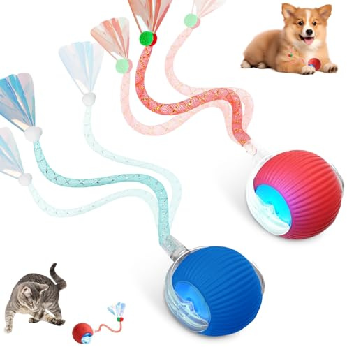 Interaktives Katzenspielzeug Elektrisch Ball, 2 Stück Intelligentes Katzenspielzeug Selbstbeschäftigung Hundeball, Automatisches Rollender Spielball für Katzen und Hunde mit Libellenschwanz (Rot+Blau)