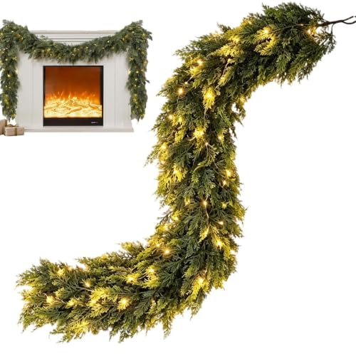 Prelit julgirland LED konstgjord cederträ Holiday trappräcke | Prelit julgirland funktioner LED Realistisk Pine Ceder lövverk inomhus utomhus Mantel Träd trappdekoration