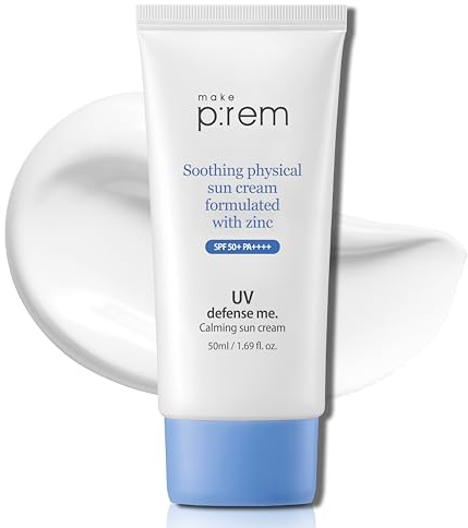 MAKEPREM UVA UVB Defense Me Calming Sun Cream VEGAN Sunblock SPF 50+ PA++++ 1.69 Fl Oz Reef-Safe Non-Nano Mineral Sunscreen Broad UV Protection Blue Ray Dry Sensitive Acne-Prone Oily Skin No Chemical