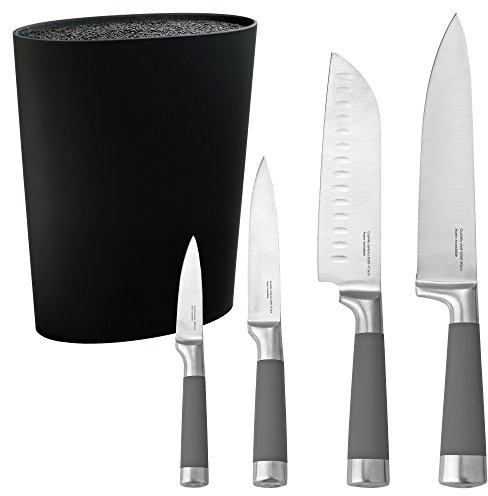 Set de Bloc à Couteau Universel Lavable et Jeu de 4 Couteaux, Acier Inoxydable, Gris, 21 x 24 x 37 cm, Acier Inoxydable, Gris, 37 x 24 x 21 cm