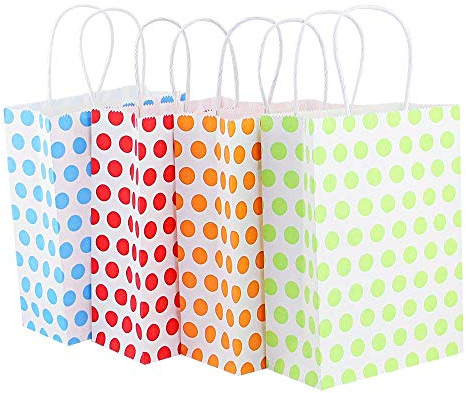 KBNIAN 12 Stück Bunt Papiertüten Kraftpapier Geschenktüten Partytüten mit Griffen 22 x 16 x 8 cm, Bunte Geschenktüten für Geburtstagsparty Ostern Weihnachten Hochzeit (Grün, Gelb, Rot, Rosa)
