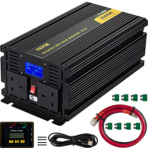VEVOR Spannungswandler, 2000 W Reiner Modifizierte Sinus Wechselrichter, 12 V DC / 240 AC, LED-Anzeigen 4000 W, LCD-Bildschirm, 0,3 A, 330 x 167 120 mm, 2 Batteriekabel, Schwarz