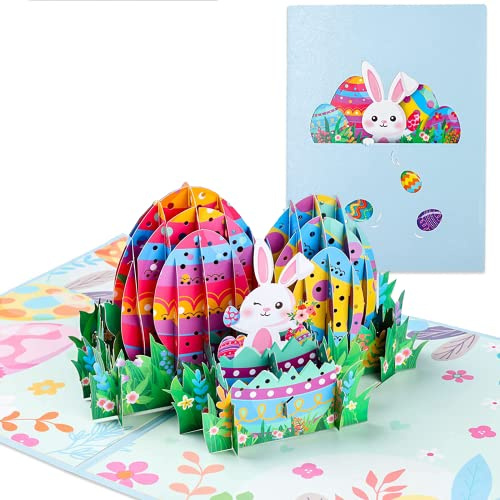 LIAMERHE Carte di Pasqua 3D Pop Up Biglietto di Auguri Biglietto di Pasqua con Busta Buona Pasqua Carte con Coniglietto, Fiori e Uovo di Pasqua per Amici, Famiglia, Bambini