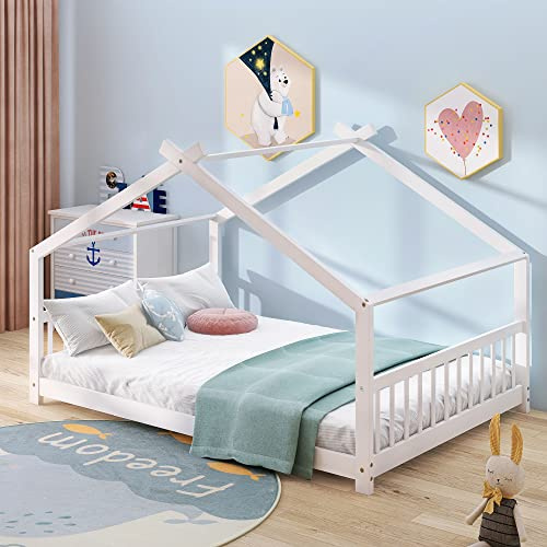 Bellemave Full House Beds White Montessori Bed Wood Frame Kids Floor Bed with Headboard & Footboard for Children Boys Girls Teens