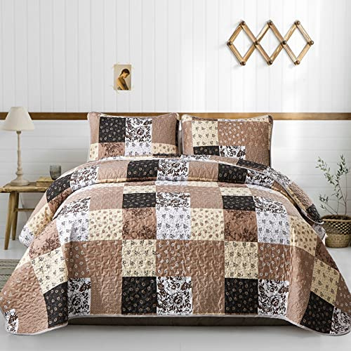 Mybedsoul Juego de edredón de Color Caqui, tamaño King, Juego de Ropa de Cama a Cuadros Marrones, 3 Piezas, Juego de Colcha Reversible de Retazos Florales para Todas Las Estaciones, Juego de Ropa de