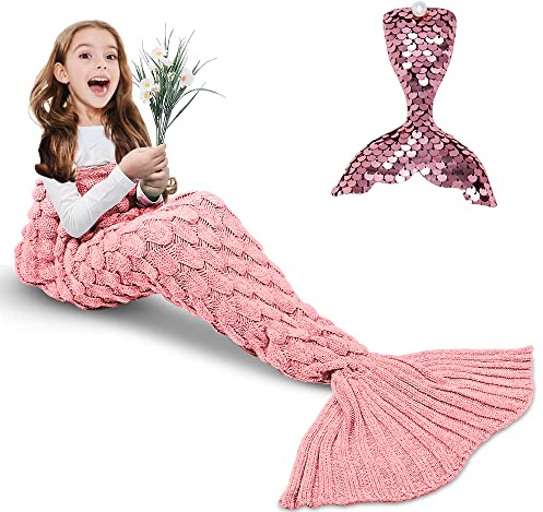 AmyHomie Mermaid Tail Blanket, Hand Crochet Mermaid Blanket for Kids, Super Soft Breathable Little Mermaid Tail Sleeping Bag, Best Mermaid Gifts for Girls(Light Pink, Kids)