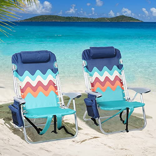 LET'S CAMP Lot de 2 chaises de Plage Classiques à 4 Positions, Coussin et Bretelles rembourrées, Pochette de Rangement et Barre Tour, supporte 113,4 kg, Vague