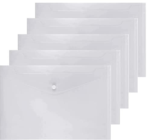 Syolee 5 Pcs Plastic Wallets A4 File Folder Transparent Clear Popper Wallet, 32.5cm x 23.5cm