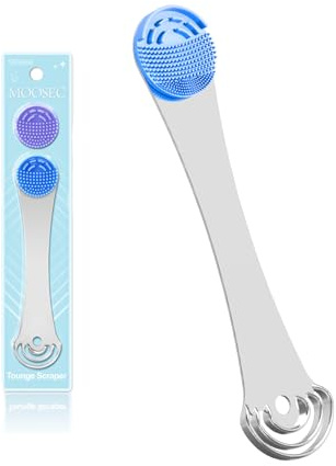 Tongue Scraper,2 Heads Tongue Cleaner for Adults & Kids Fresh Breath,Stainless Steel Handle Tongue Brush for Oral Hygiene Care, with 2pcs Replacement Silicone Pads (Blue)