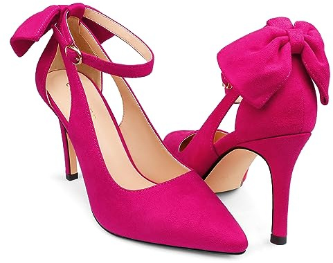 COLETER Womens Bow Knot High Heels Pointed Toe Stiletto Ankle Strap D'Orsay Pumps Bow Evening Dress Shoes Suede Hot Pink 6US
