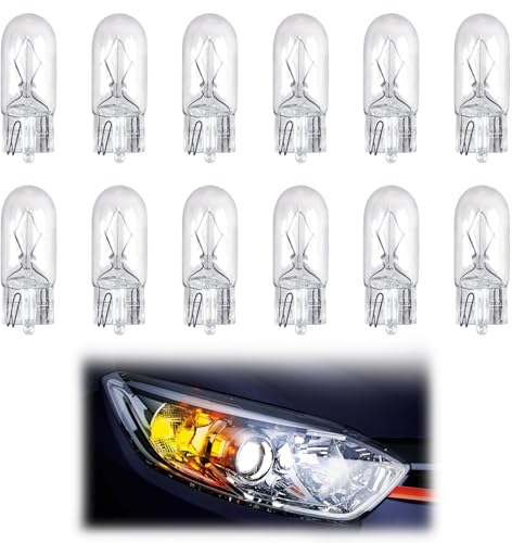 12 PCS 501 W5W Bulbs T10 Car Interior Light, 12V 5W Halogen Bright Enhanced Lasting Exterior Lighting Capless Replacement Side Light Kits for License Plate Reverse Parking Sidelights Dashboard Lamp