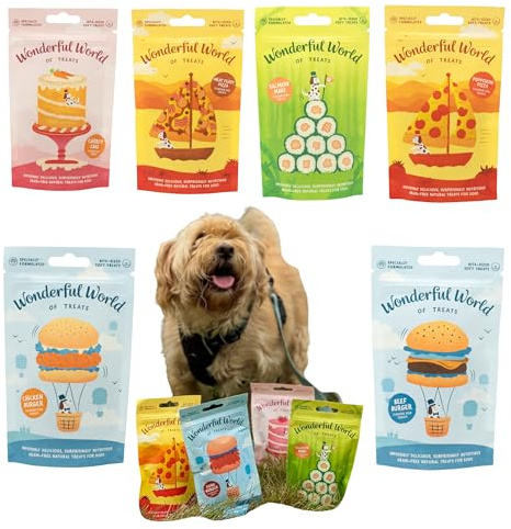 Wonderful World of Treats Lot de 6 sachets de friandises pour chien – 6 saveurs, hamburgers au bœuf et au poulet, saumon maki, pepperoni et viande, gâteau aux carottes, 6 sachets de friandises de 50 g