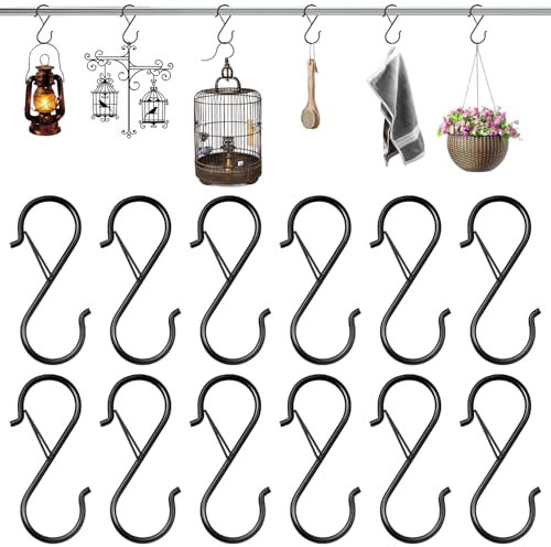 SYEYCW 12 Pcs S Shaped Metal Hooks, Black S Hook with Safety Buckle, 9.2cm Heavy Duty Large Hooks for Hanging, Kitchen Utensil Hook, for Hanging Plants, Lights, Kitchenware, Clothes, Towels