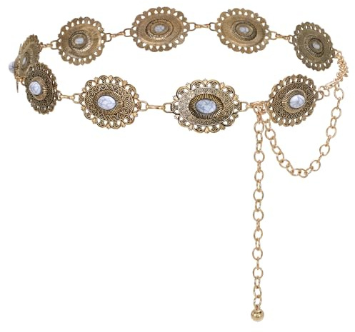 JASGOOD Western Metal Concho Belt for Women Cowgirl Waist Chain for Women Dress Pants,Shiny Gold