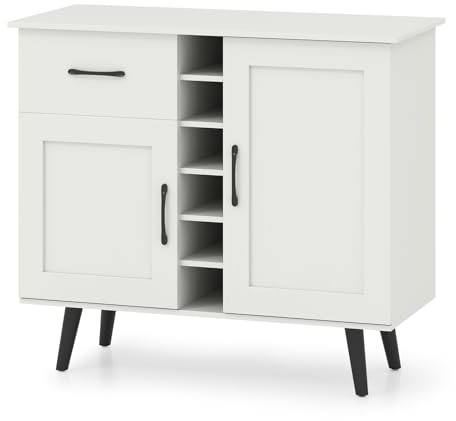 GOPLUS Armario de Bar de Vinos, Aparador Buffet con 2 Puertas y 1 Cajón, Estante para 6 Botellas de Vino, Estantes Ajustables, Armario con Botellero de Vino para Cocina, Comedor, Sala de Estar